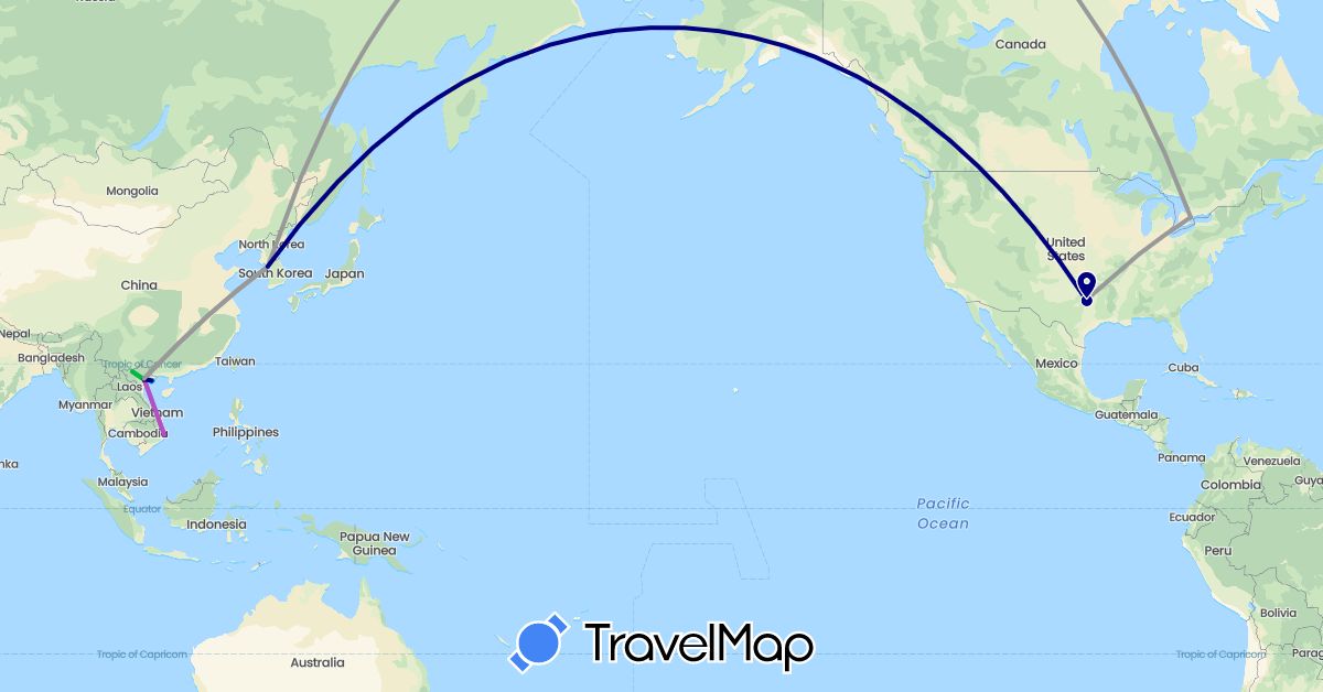 TravelMap itinerary: driving, bus, plane, train, hiking, boat in Canada, South Korea, United States, Vietnam (Asia, North America)